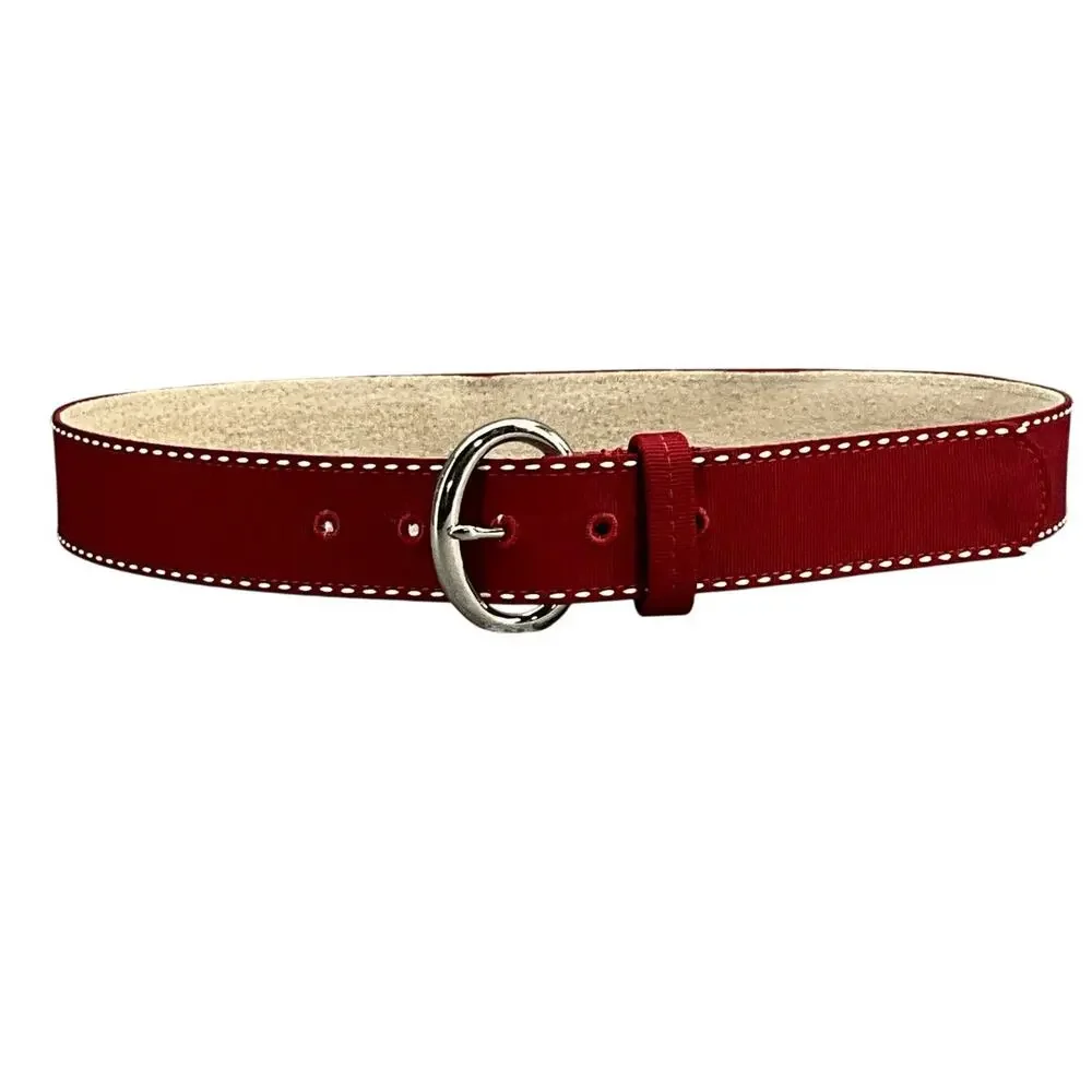 Liz Claiborne Red Fabric Genuine Leather Back Chrome Buckle Belt Women L / 32”